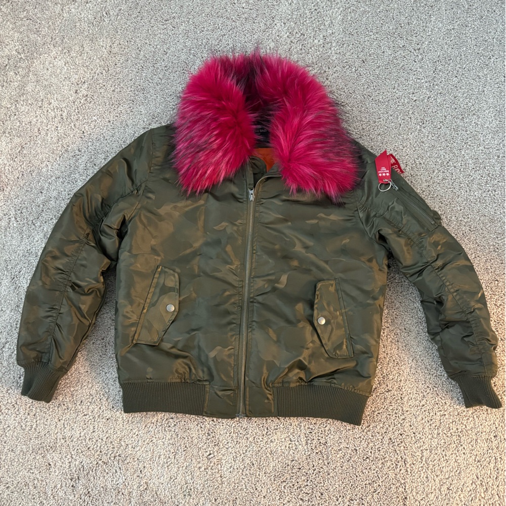 Olive Green Bomber Jacket with Pink Faux Fur Hood